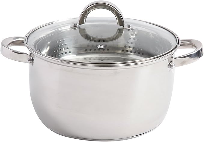 Oster Sangerfield 6-Quart Stainless Steel Dutch Oven Casserole with Steamer Basket – Durable Kitchen Cookware for Slow Cooking and Steaming