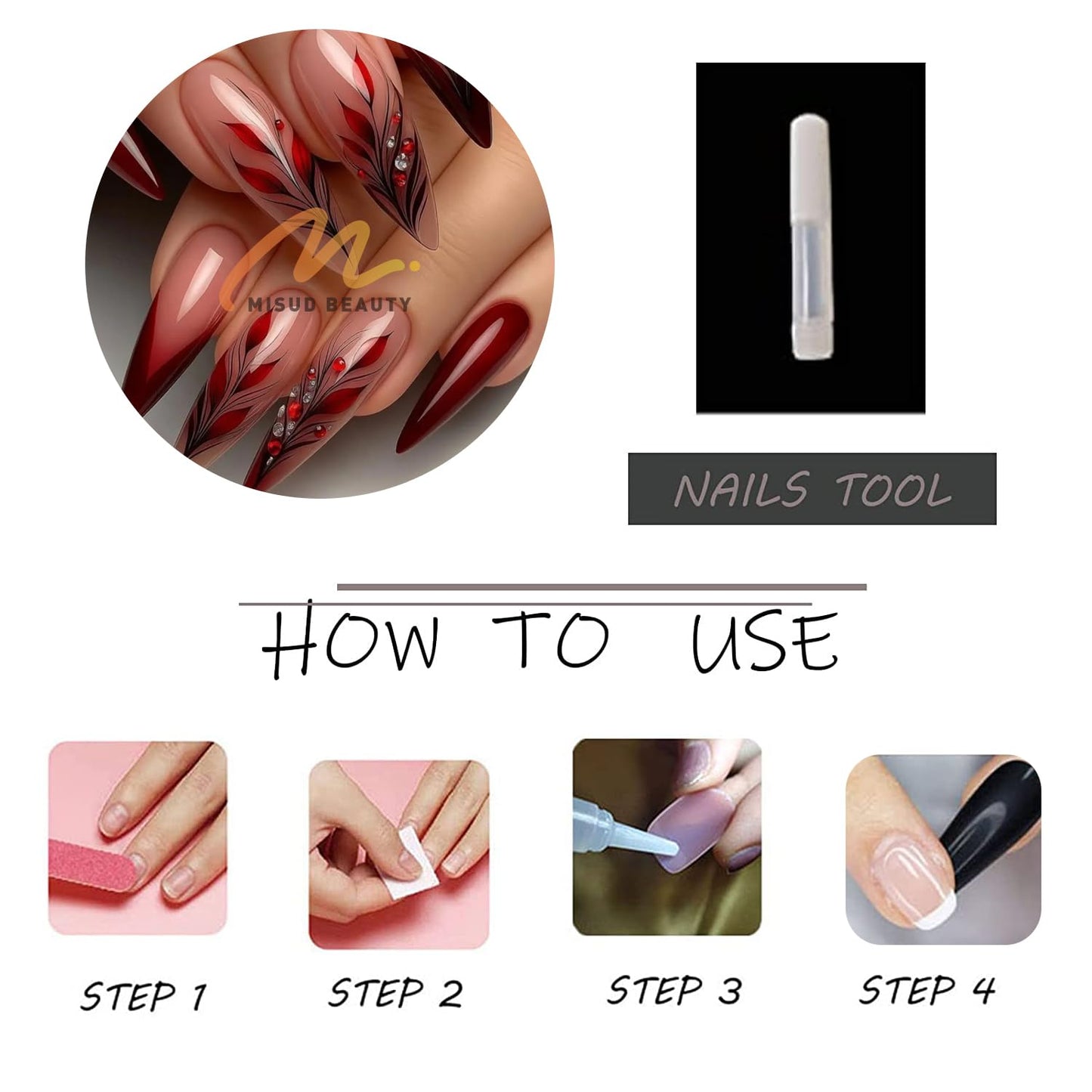 MISUD Press on Nails - Long Stiletto Fake Nails with Burgundy, Acrylic Leaf Rhinestone Design 24 pcs