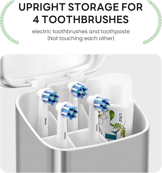 Toothbrush Holders with Cover - Electric Toothbrush Length Less Than 9 inches, 5 Slots Tooth Brush Holder for Bathroom, Detachable Toothpaste Holder Bathroom Organizers with Drainage, Silver