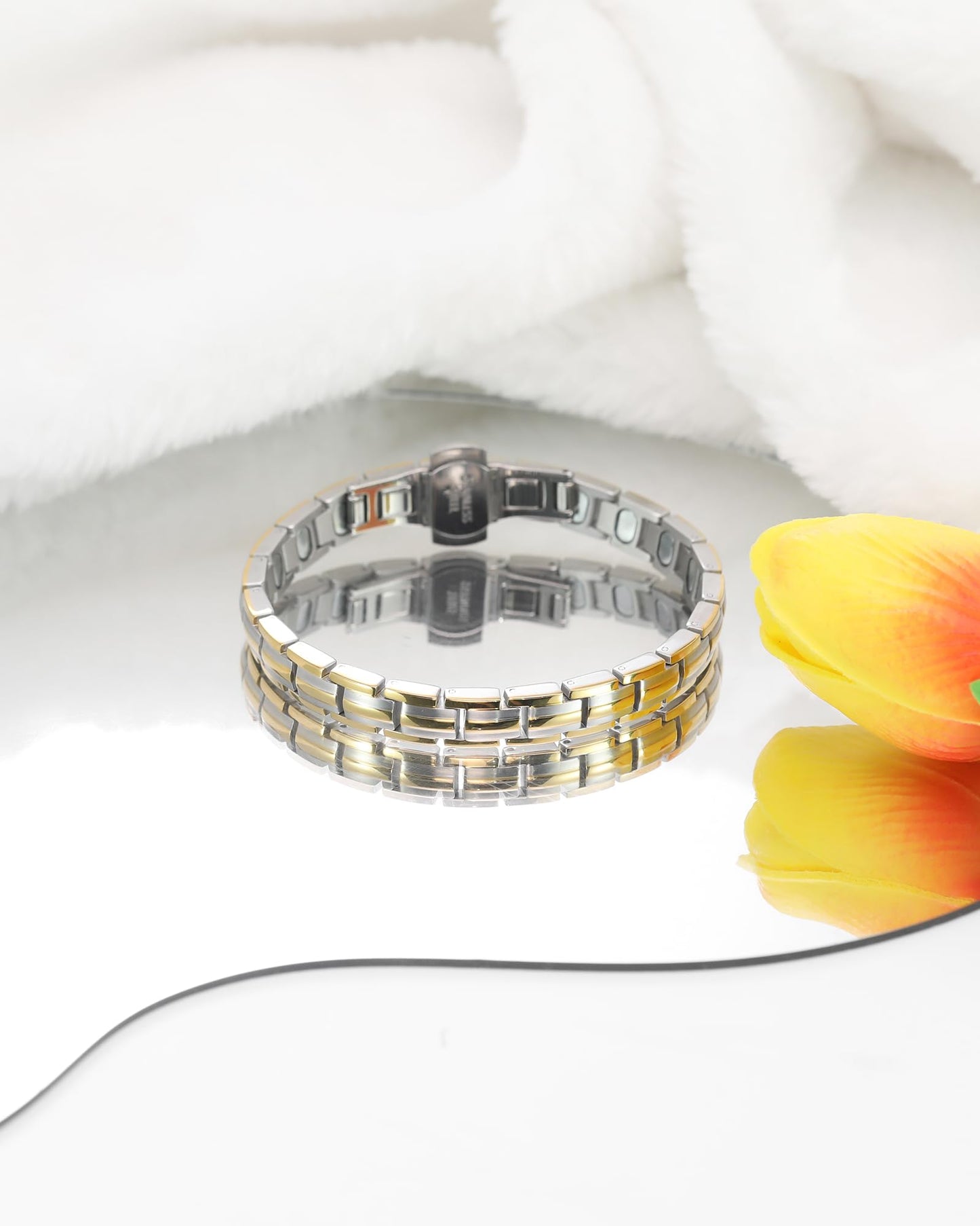 Jecanori 5X Strength Magnetic Bracelets for Women —Updated 5,000 Gauss Ellipse Magnets — Premium Butterfly Clasp & Adjustable Length,Silver,Golden