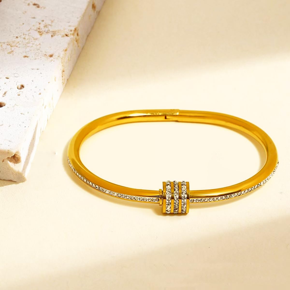 18K Gold Plated Bangle Bracelet for Women Personalized Cubic Zirconia Stainless Steel Bracelets Oval Tiny Waist Bangles Bracelets Gifts for Love (Spiral)