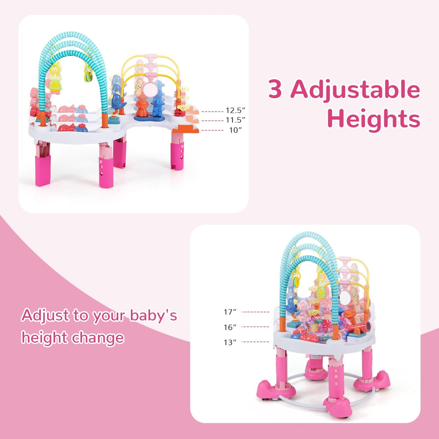 INFANS Baby Bouncer Activity Center, 5 in 1 Toddler Bouncing Activity Saucer Playtime Mat Activity Table with 360°Rotating Seat, 3 Adjustable Height, Foldable Exersaucer Learning Walker (Pink)