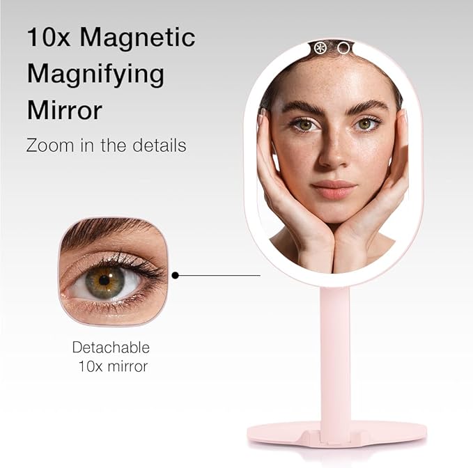 Fancii LED Rechargeable Portable Makeup Mirror with 3 Color Light Settings & 10x Magnetic Magnifying Mirror – Ultra Slim, Foldable Travel Vanity Mirror, 1500 mAh Battery, Height (Pink)