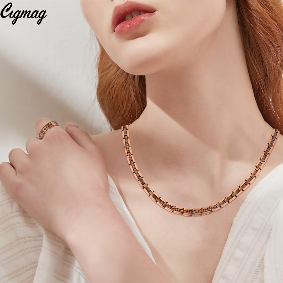 Cigmag Copper Necklace for Men Women - Magnetic Necklace 99% Solid Pure Copper Ring Set Ultra Strength Magnets - with Adjustable Sizing Tool and Present Box