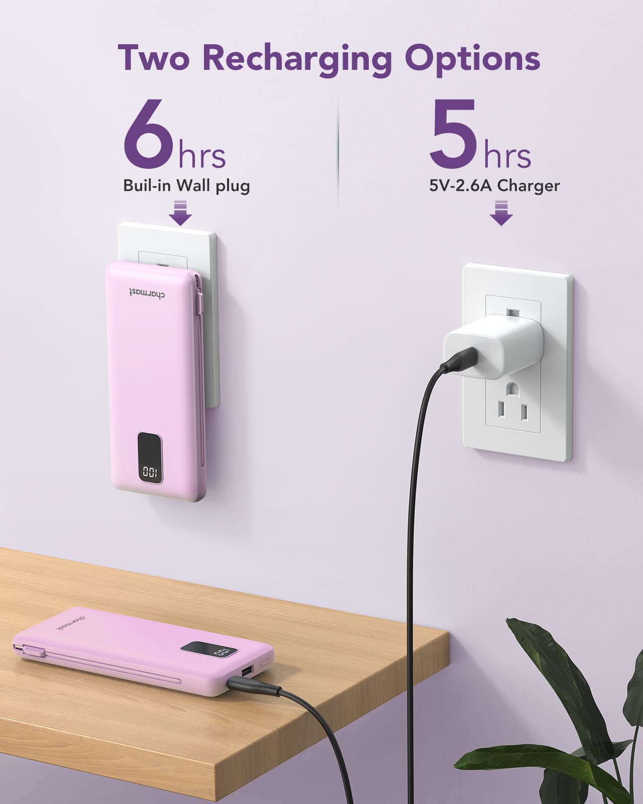 charmast Portable Charger with Built-in Cables & Wall Plug, 10000mAh Portable Power Bank, External Battery Pack Travel Essentials Compatible with iPhone 16/15/14/13, Samsung, iPad etc