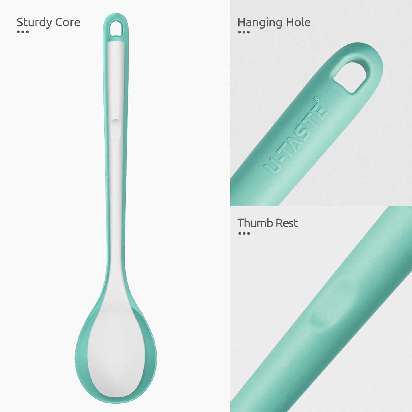 600ºF Heat Resistant Silicone Spoons: U-Taste 13.3in Solid & Slotted Kitchen Cooking Tool, Nonstick Long Rubber Utensil, Sturdy for Mixing, Serving, Stirring, Frying, Basting (Aqua Sky, 2PCS)