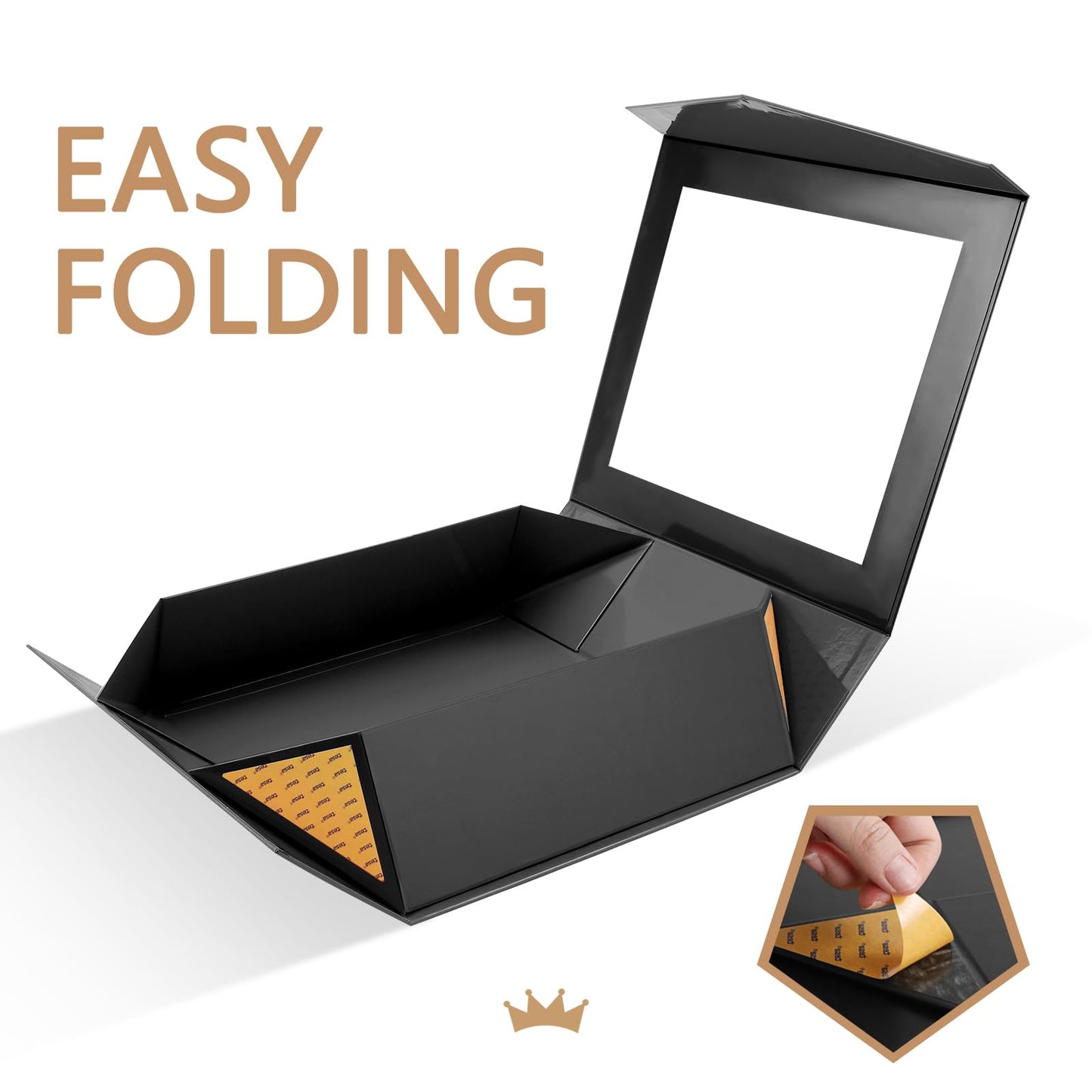 PACKQUEEN Extra Large Black Gift Box with Window, 16.3x14.2x5 Inches Clear Gift Box for Present Contains Ribbon, Card, Groomsman Proposal Box with Magnetic Lid (Glossy Black)