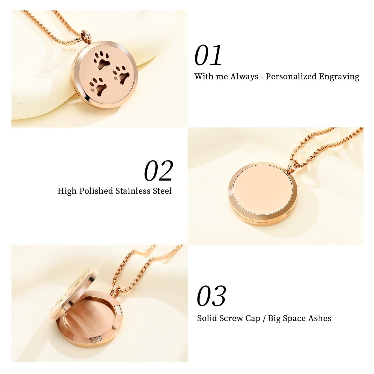 Minicremation Stainless Steel Paw Print Round Perfume Essential Oil Diffuser Pendant Necklace Women Aromatherapy Essential Oil Diffuser Locket Pendant Necklace, with Refill Pads