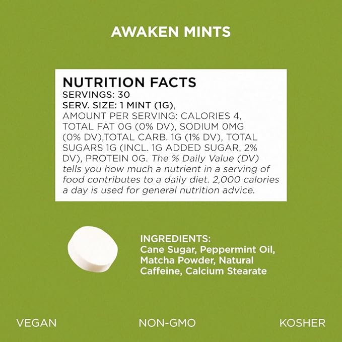SIMPLY Mints | Caffeinated Breath Mints- Awaken (Caffeine + Peppermint + Matcha) | Pack of Six (180 Pieces Total) | Microdose Caffeine + Breath Freshening + Aspartame-Free + Vegan + non-GMO