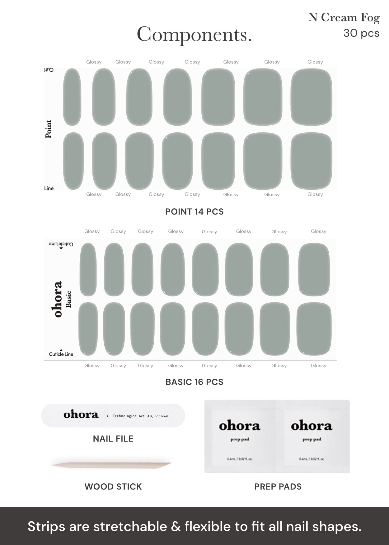 ohora Semi Cured Gel Nail Strips (N Cream Fog) - Green, Solid, Works with Any UV/LED Lamps, Salon-Quality, Long Lasting, Easy to Apply & Remove - Includes 2 Prep Pads, Nail File & Wooden Stick