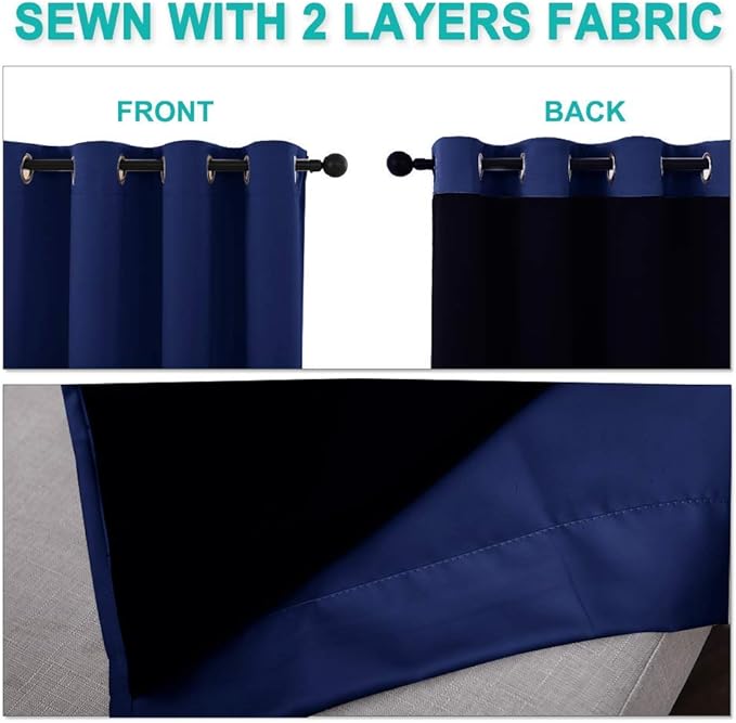 NICETOWN Pure White 100% Blackout Lined Curtains, Royal Blue, 1 Pair, 37" Width x 63" Length Each Panel, 2 Thick Layers Narrow Wide Window Treatment Thermal Insulated Drapes for Kitchen Small Window