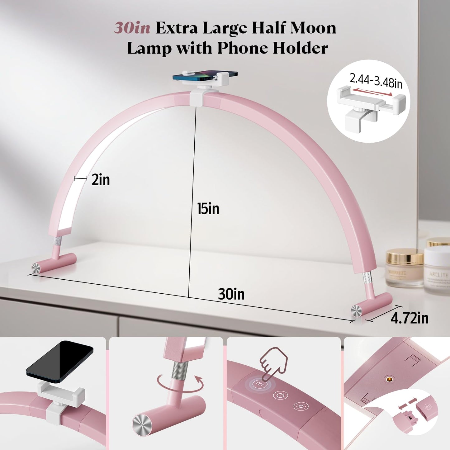 Mznoo Half Moon Light for Nail Desk, 30'' Large Half Moon Desk Lamp with Phone Holder, Professional Nail Tech Light with 3 Color Modes and 5 Brightness for Manicure Salon and Handicraft (Pink)