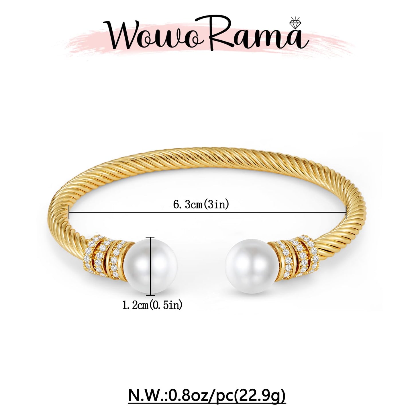 WOWORAMA Gold Cable Wire Cuff Bracelet for Women Stainless Steel Open Cuff Bangle Bracelets Adjustable Twist Cable Bracelet with Pearl Balls Jewelry