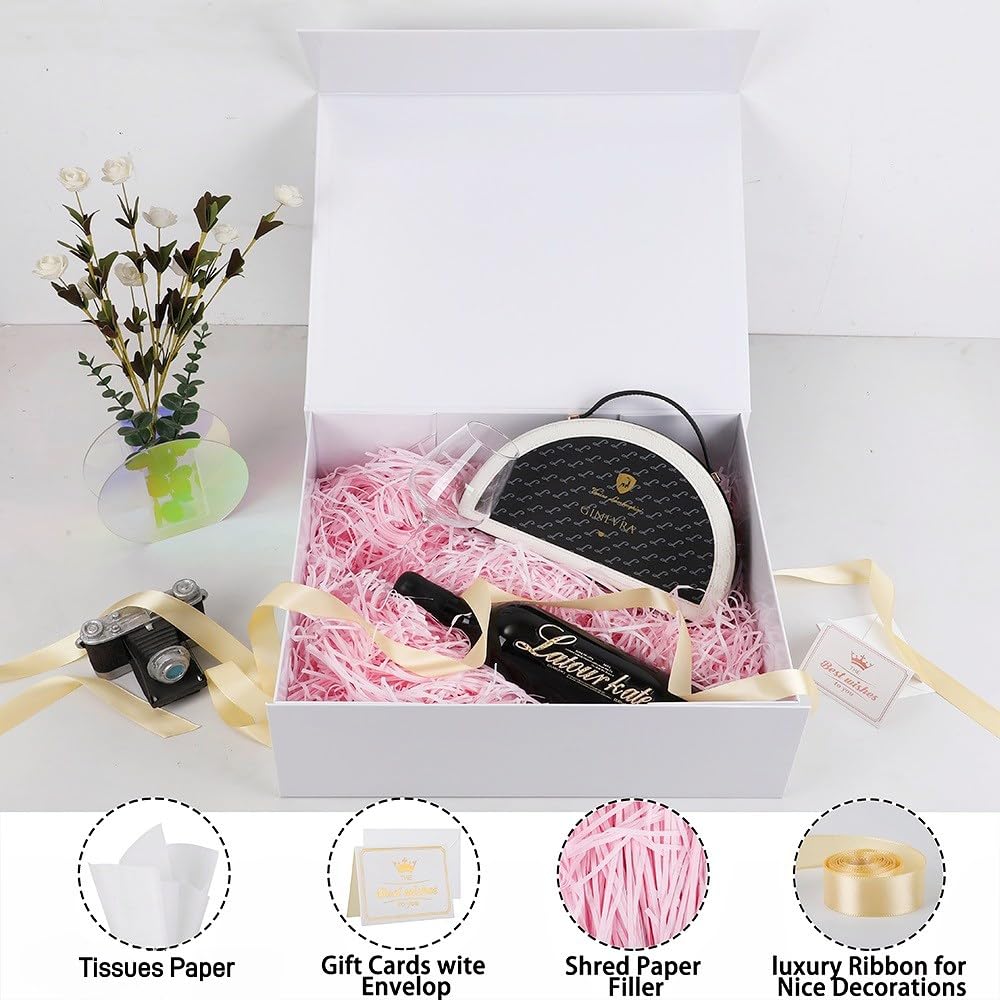 UoeRing 5 Pack Extra Large White Gift Box 17x14.5x6 inch Luxury Bridesmaid Box for Presents with Magnetic Closure Lid Collapsible,Contains Card, Ribbon,Tissue Paper,Shredded Paper Filler
