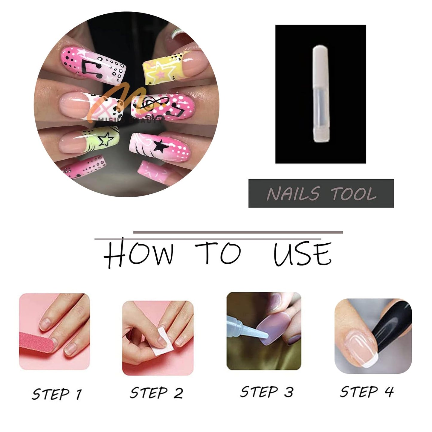 MISUD Press on Nails - Long Square Fake Nails with French Tip, Acrylic Y2K Star Design 24 pcs