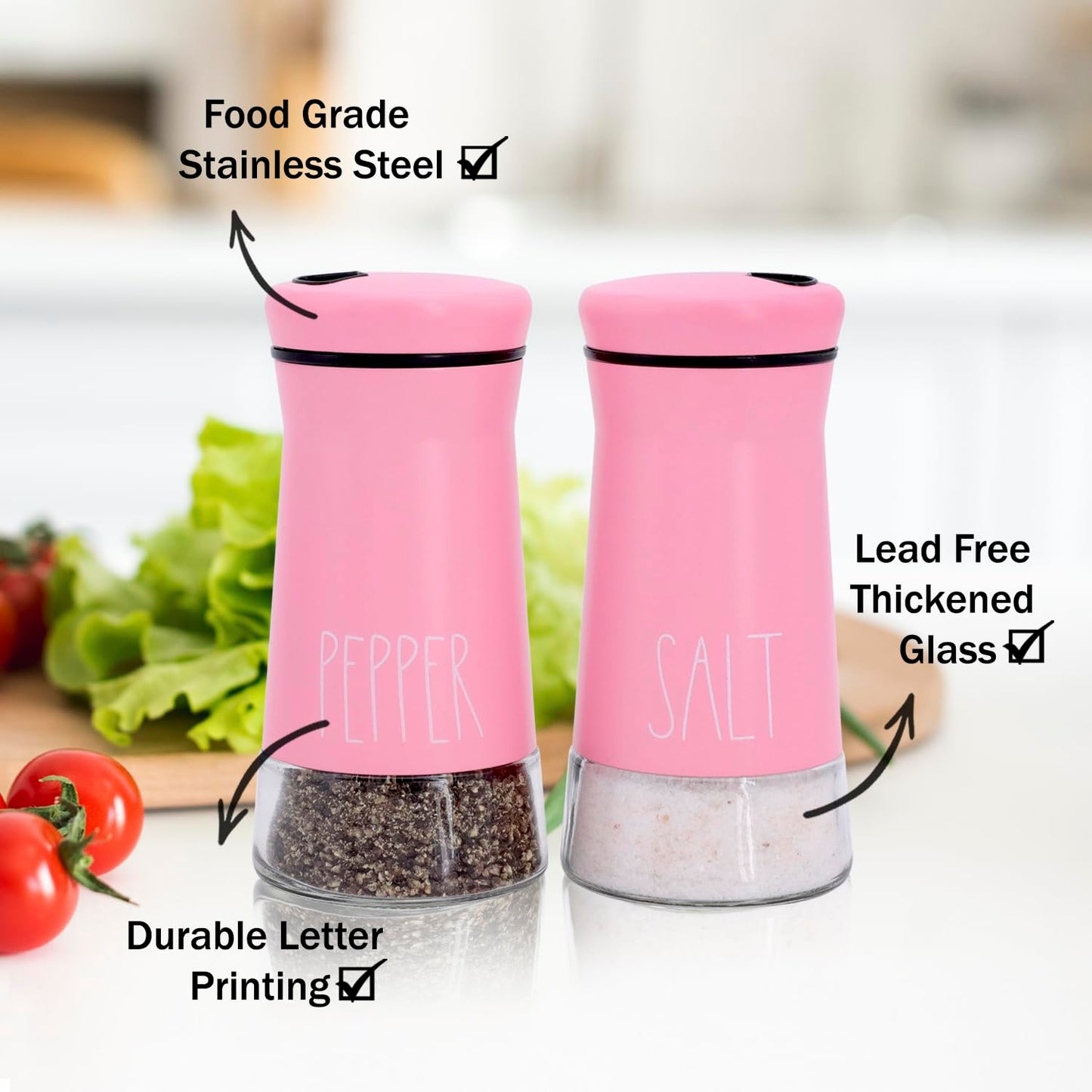 Pink Salt and Pepper Shakers with Adjustable Pour Holes, Refillable Salt Shaker by Aelga, Ideal for Himalayan, Kosher, Black and White Pepper, Pink Kitchen Accessories