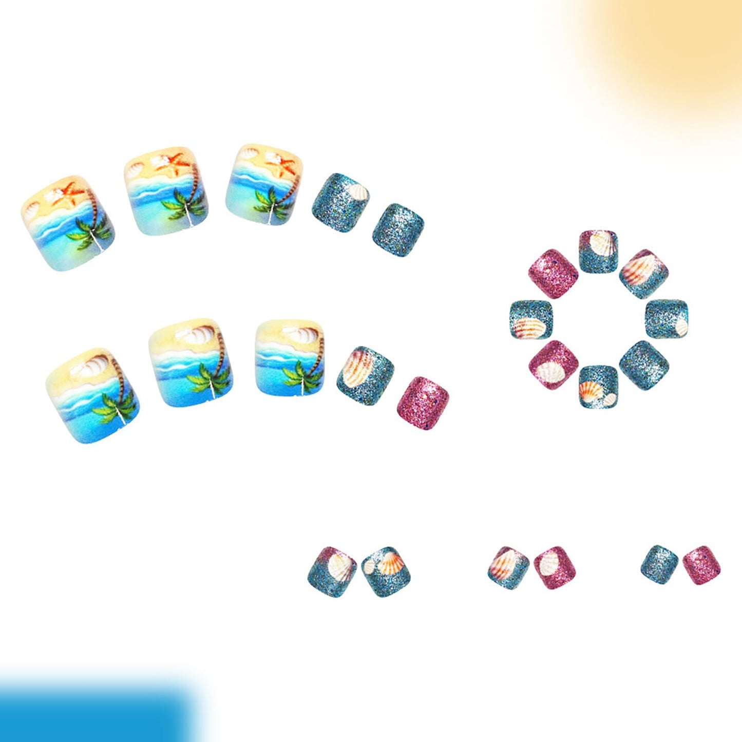 Summer Beach Press on Toenails,Short Square Fake Toenails Coconut Trees Toe Nail Press Ons with Starfish Shells Glitter Designs Full Cover Acrylic Glossy Stick on Toe Nails for Women 24Pcs