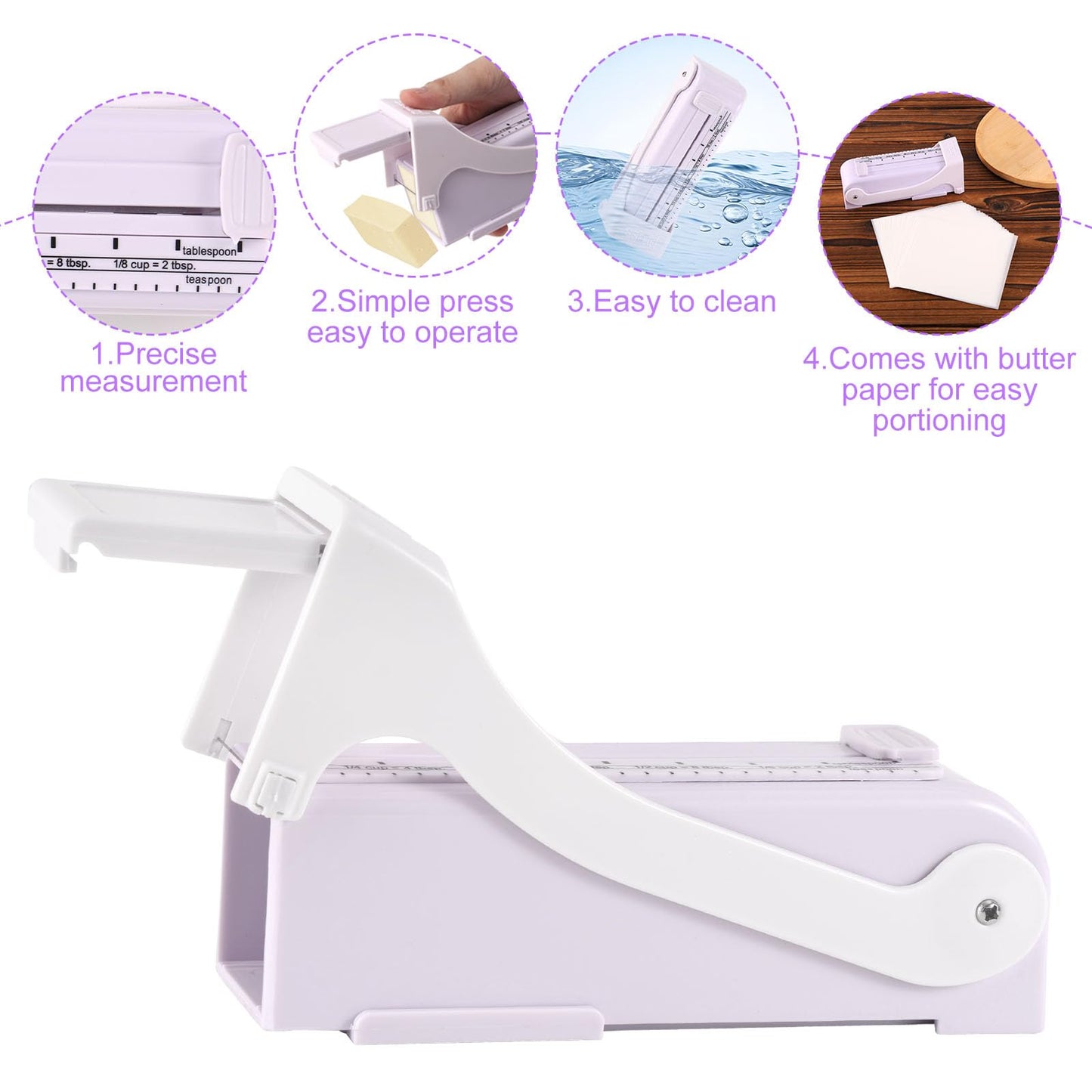 Butter Cutter Dispenser with 50pcs Portioning Paper, Single Stick Butter Slicer & Keeper with Measuring Function Measurement Tool for Cheese Block Bread Cakes Cookies Breakfast