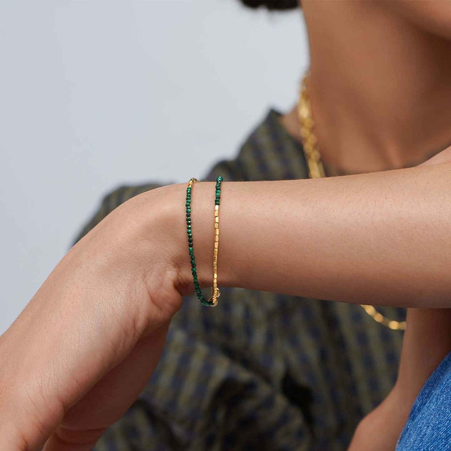 MEVECCO Bead Bracelet for Women 18K Gold Plated Layered Hematite Malachite Stone Mixed Bracelets Handmade Gold Custom Beaded Charm Chain Bracelet Stack Jewelry Gifts
