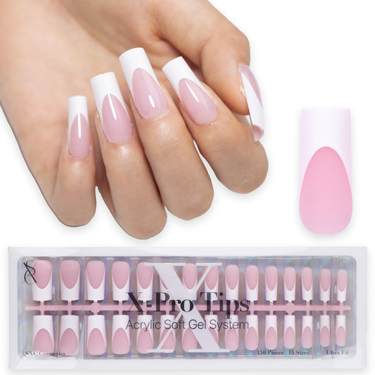 SXC Cosmetics French Tip Press On Nails Pink Medium Square 150 Pieces in 15 Sizes Ultra Fit with Pre-applied Tip Primer and Base Coat, No Need to File Fake Nails for Nail Art DIY X-Pro Tips