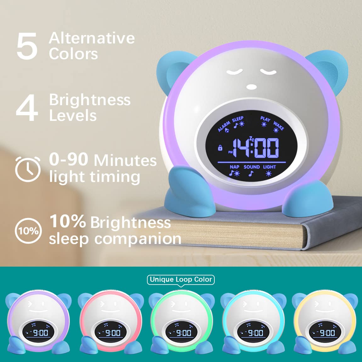 Windflyer OK to Wake Clock for Kids, Sleep Training Clock with Night Light and Sound Machine, Kids Alarm Clock for Bedrooms (Blue)