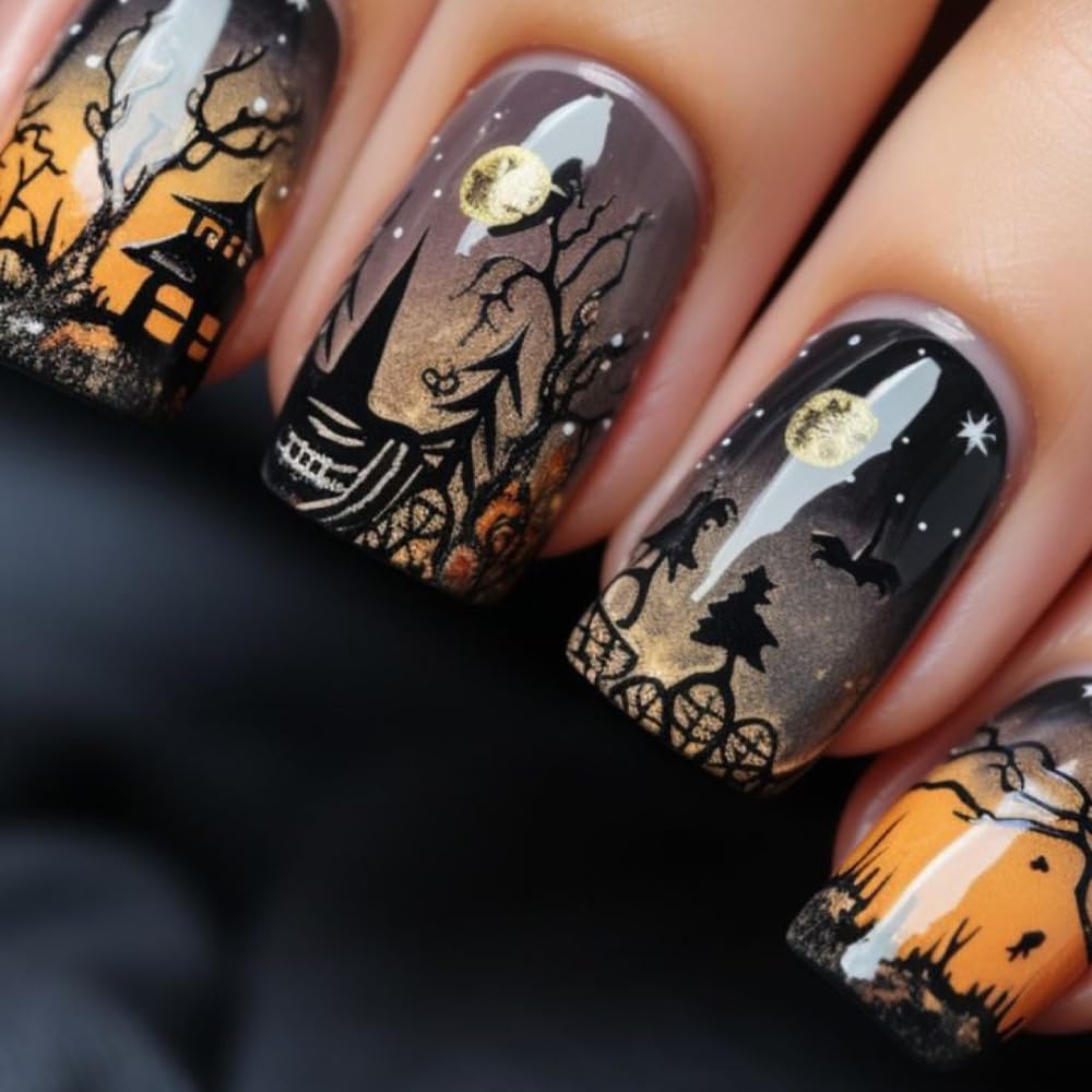 Halloween Forest Press on Nails Short Gradient Fake Nails with Castle Designs Full Cover Reusable Acrylic Nails Press ons Halloween Glue on Nail Square Artificial Witch False Nails for Women 24Pcs