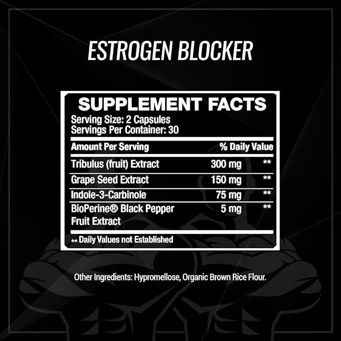 Testosterone Booster for Men with Estrogen Blocker - Natural Anti-Estrogen Supplement to Increase Libido & Strength - Boost Muscle Growth & Weight Loss - Indole 3 Carbinol & Tribulus -60 Capsules