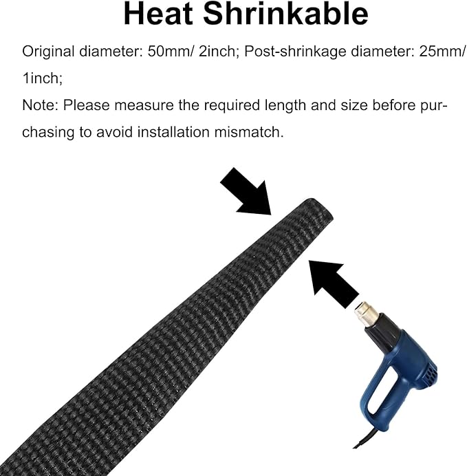 MECCANIXITY Braided Cable Sleeves Heat Shrinkable Fabric Sleeving, 2" 26ft Black 2:1 Ratio Heat Shrinkable Cord Protector for Harness Cable, Network Cable Protection, Cable Management