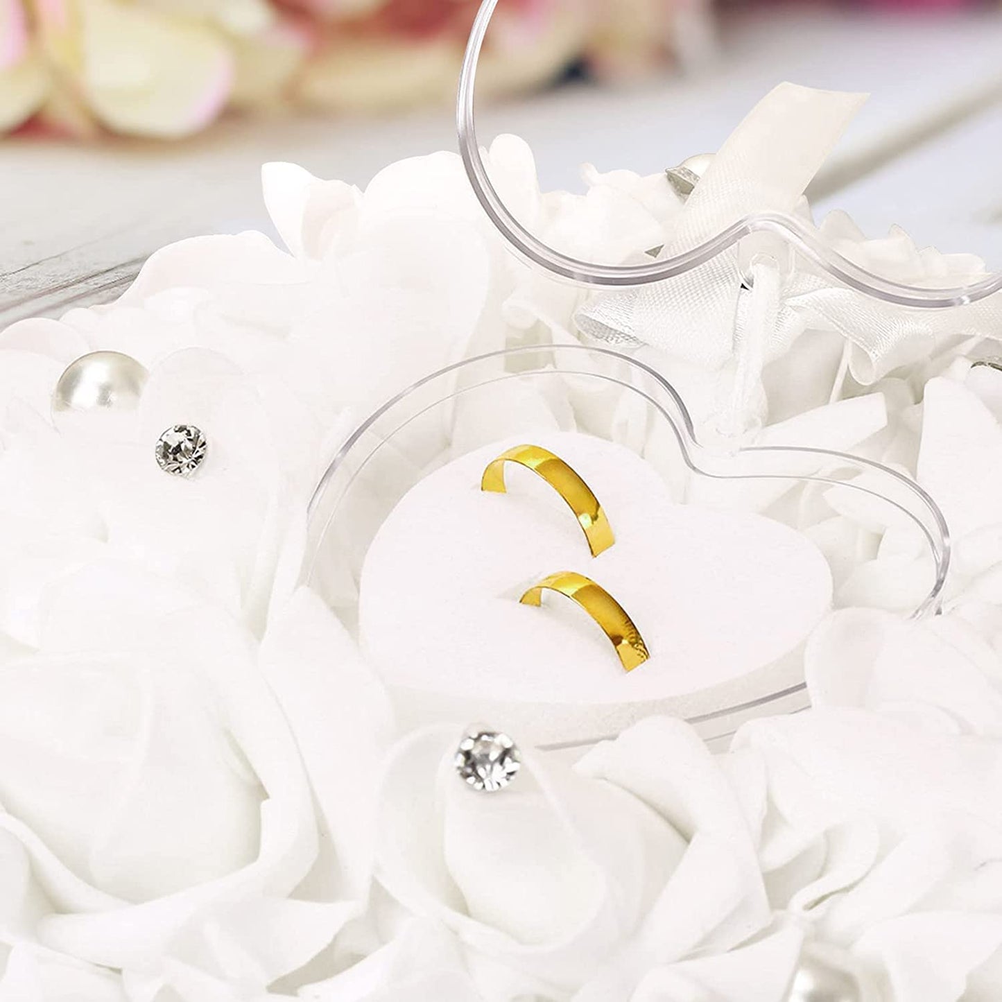 GOTOTOP Wedding Pillow, White Heart Shape Wedding Box for Wedding Lace Crystal Rose Heart Box Wedding Holder Gift