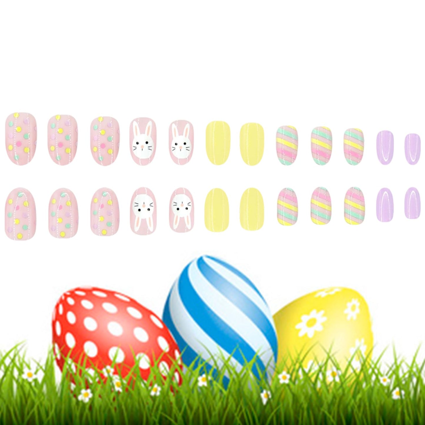 CJDLTS Easter Press on Nails Short Oval Artificial Acrylic False Nails Cute Rabbit Polka Dots with Colorful Stripe Full Cover Glossy Spring Glue on Nail Stick on Nail Artificial Fingernails for Women