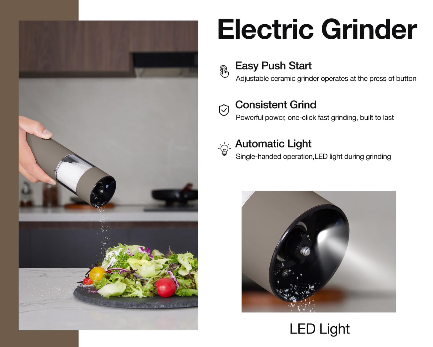 Stainless Steel Rechargeable Electric Salt and Pepper Grinder Set – USB Charging, One-Hand Electric Mill, Adjustable Coarseness, LED Light & Dust Cover –2pack(Greige & Buttercream)