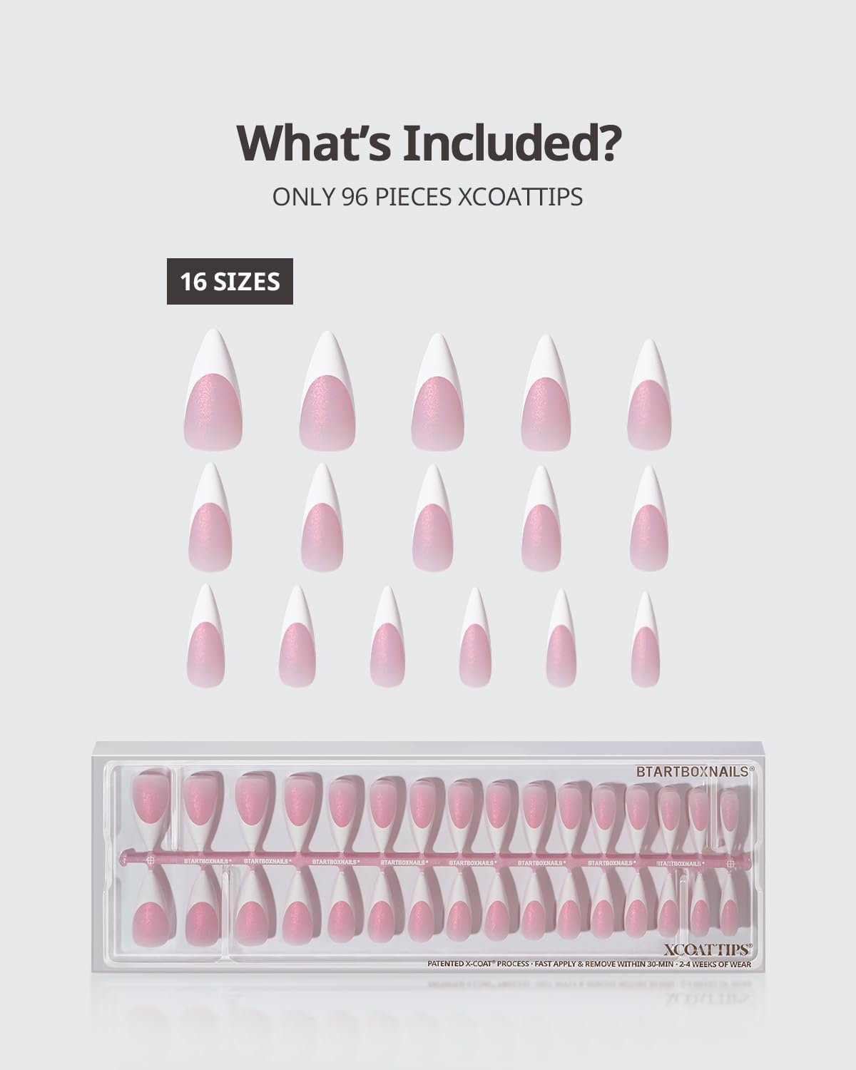 BTArtboxnails XCOATTIPS Stiletto Press On Nails - French Tip Press On Nails Pink Glitter Base, 96 Pcs Long Fake Nails Salon Quality Soak Off Soft Gel Nail Tips Extension in 16 Sizes