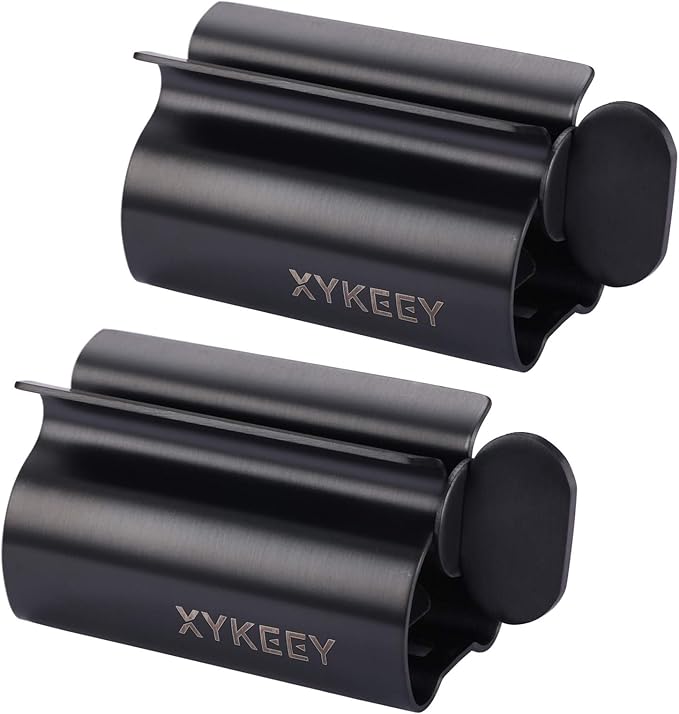 XYKEEY Toothpaste Tube Squeezer - Set of 2 Toothpaste Squeezer Rollers, Metal Toothpaste Tube Wringer Seat Holder Stand (Matt Black)