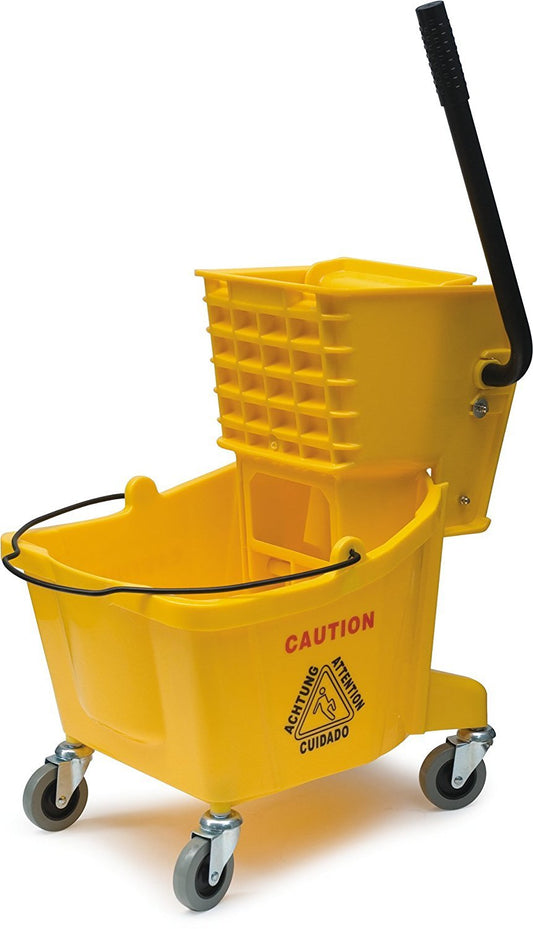Carlisle FoodService Products 26-Quart Commercial Mop Bucket with Side-Press Wringer, Precision-Molded Polypropylene, Durable Wringer, Bucket with Non-Marking Casters, 18.5 x 16.5 x 23 Inches, Yellow