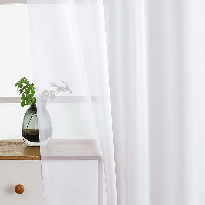 White Window Sheer Curtains 45 Inches Length, Voile Short Curtains for Living Room Bedroom, Modern Soft Window Drapes 2 Panels Set, Top Dual Rod Pocket Design, 2x42Wx45L Inches