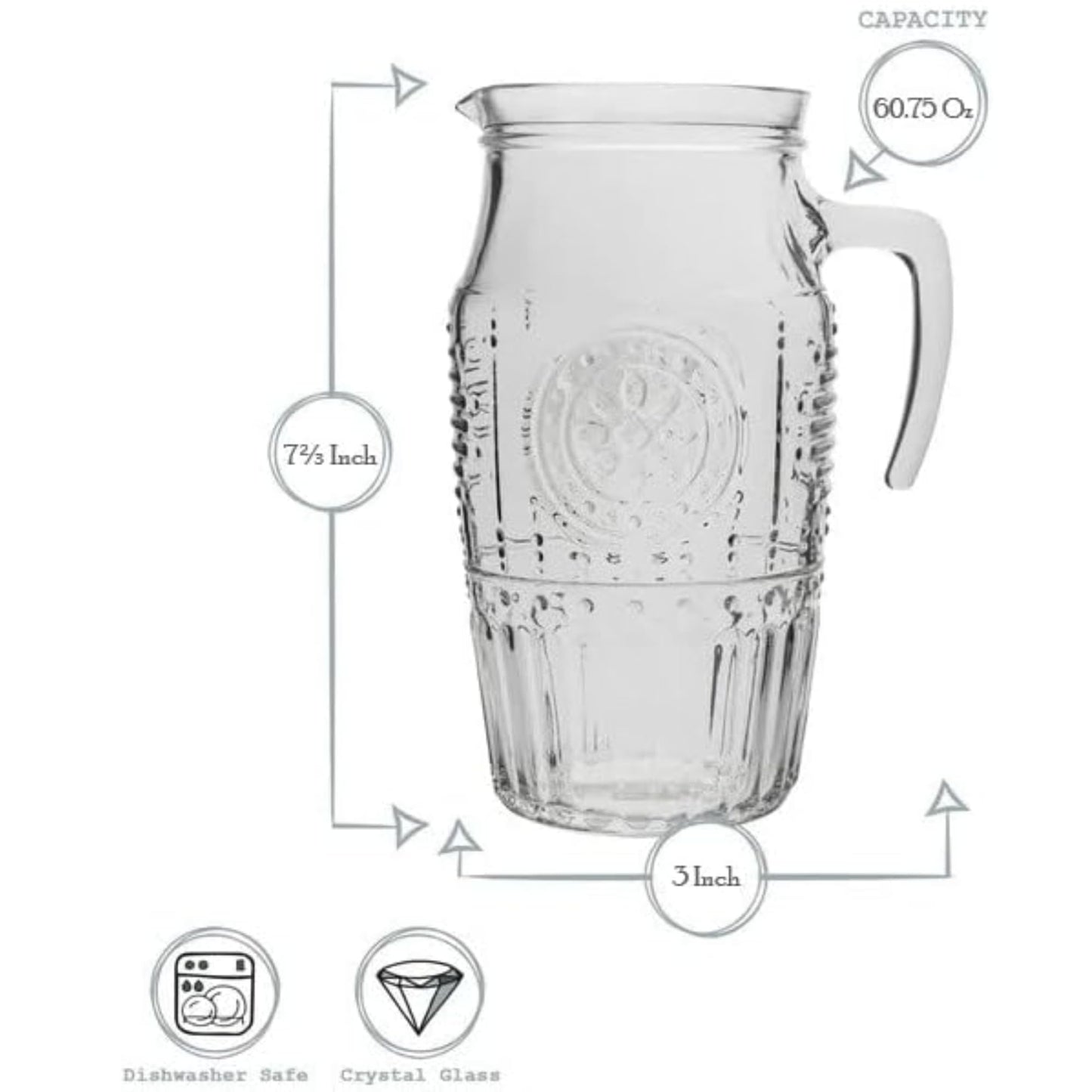 Bormioli Rocco Romantic, Elegant Floral Glass Pitcher, 60.75 oz, Made In Italy.
