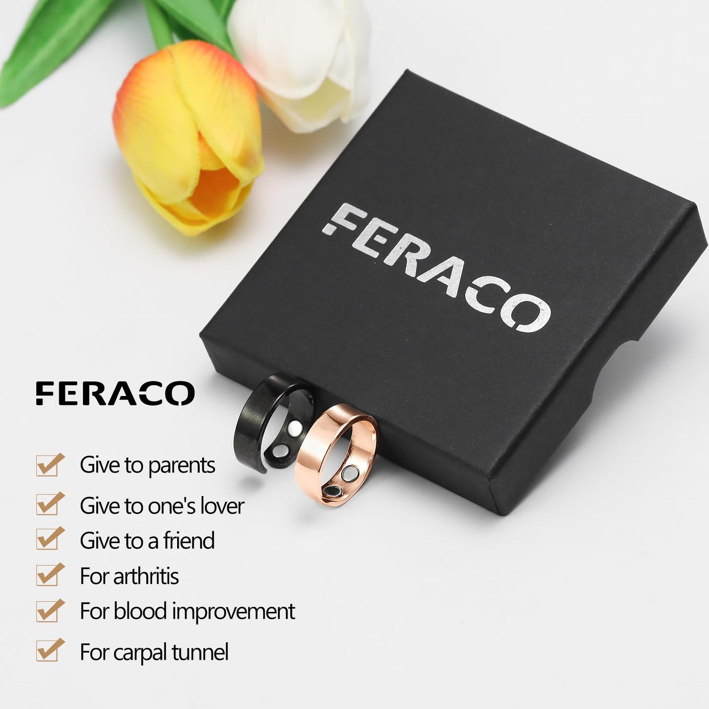 Feraco 2 PCS Magnetic Therapy Rings for Women,Stainless Steel Thumb Ring with Magnets,Black & Rose Gold