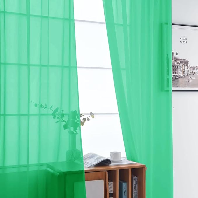 SpaceDresser Basic Rod Pocket Sheer Voile Window Curtain Panels Grass Green 1 Pair 2 Panels 52 Width 90 Inch Long for Kitchen Bedroom Children Living Room Yard（Grass Green, 52W x 90L）