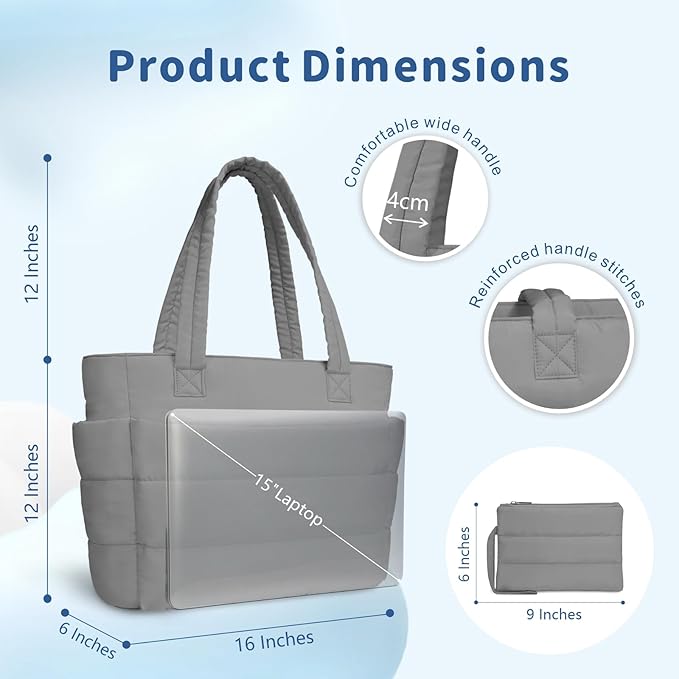 TOPDesign Puffer Tote Bag for Women, Lightweight Puffy Handbag with Compartments, Quilted Shoulder Bag for Work, Travel, Gym