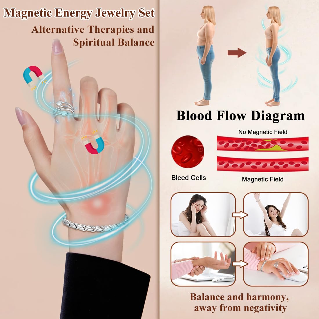 Cigmag Magnetic Bracelet for Women Titanium Steel Bracelet & Copper Ring with Strength Magnets Waterproof Adjustable Tool (Fishtail)