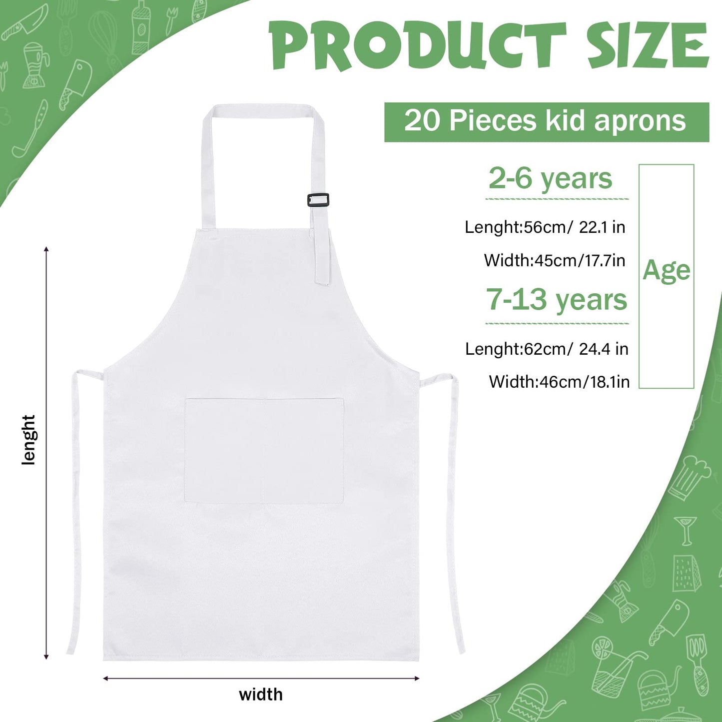 Eurzom 20 Pcs Christmas Kids Artists Aprons with Pockets Adjustable Chef Children Painting Aprons for Cooking Baking(7-13 Years,White)