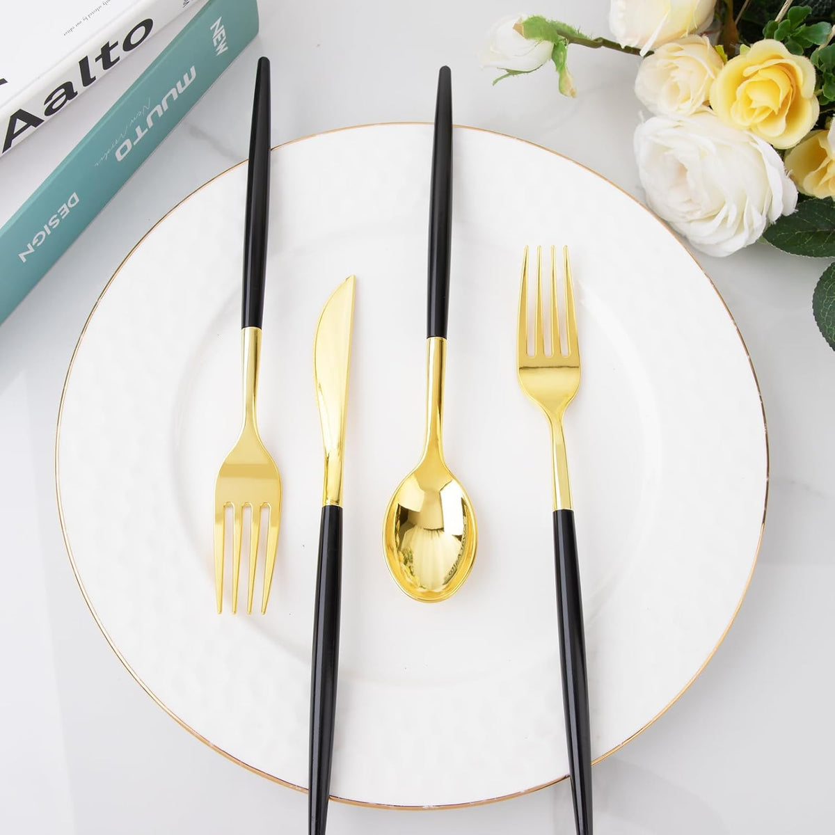 I00000 300Pcs Black Plastic Silverware, Happy New Year Gold Disposable Silverware, Black and Gold Plastic Utensils Include 100 Forks 100 Knives 100 Spoons,Disposable Cutlery for Wedding