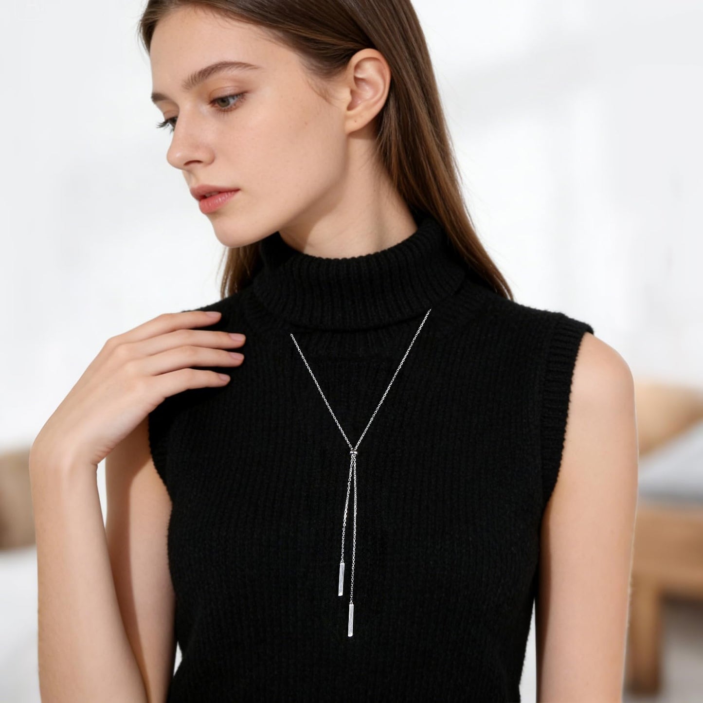 DAOCHONG Long Bar Necklace for Women Sterling Silver Bar Y Lariat Long Chain Drop Adjustable Necklace Gift for Her, 30"