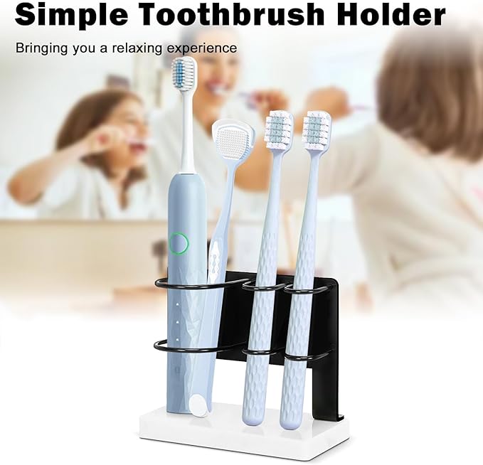 Toothbrush Holder for Bathroom Counter, Metal Toothbrush and Toothpaste Holder Stand with Marble Base for Bath Organizer Countertop, 3 Slots (Matte Black)