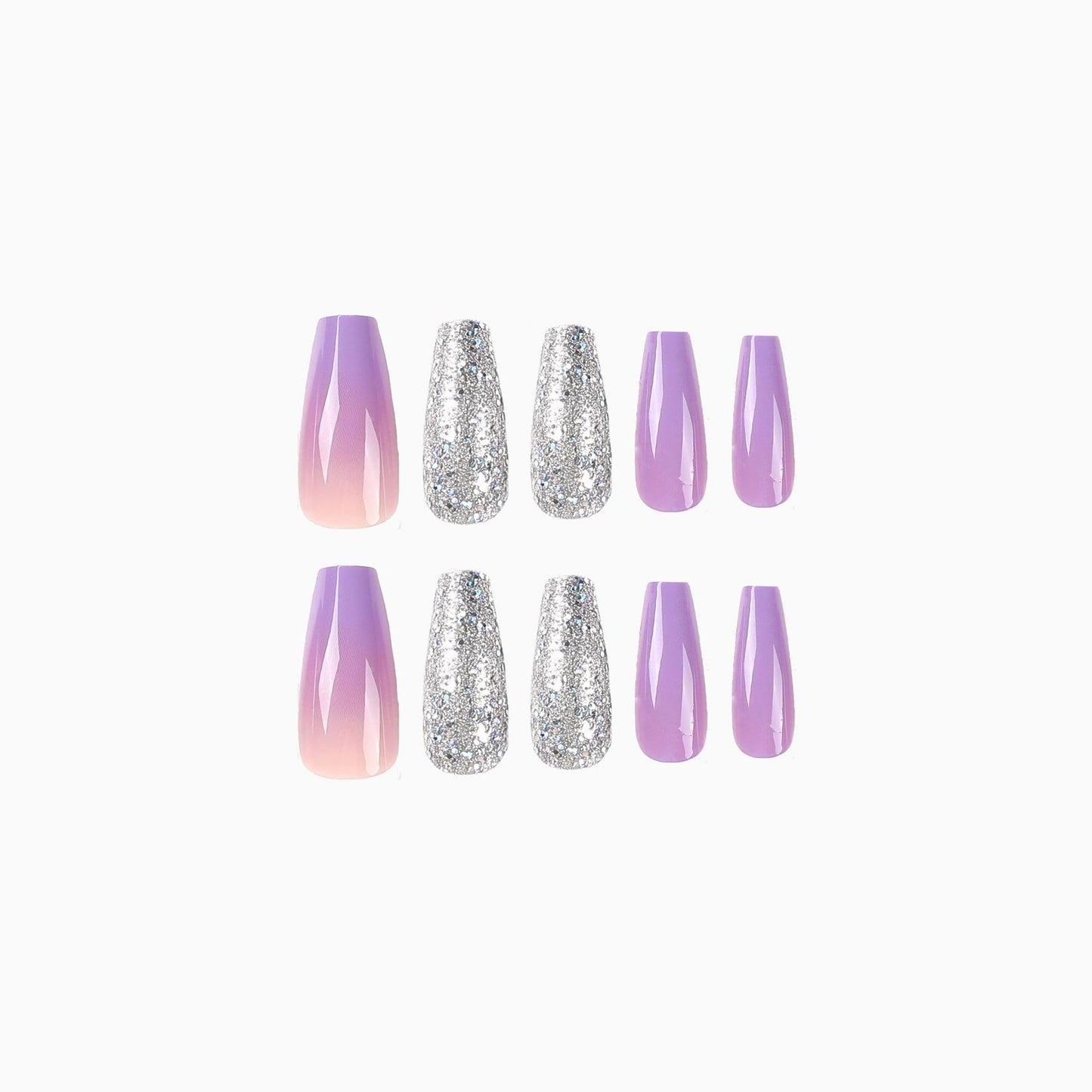SWEKKE Medium Coffin Purple French Gradient Full Cover False Nails with Glitter Designs - Reusable Artificial Acrylic Glossy Glue on Nails for Women's Manicure