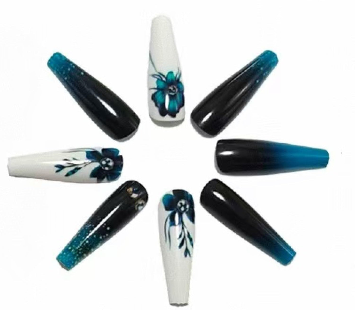 Chunmeng 24 pieces blue black gradient nail coffin, blue-green flowers with rhinestone glossy acrylic, suitable for women's daily gatherings