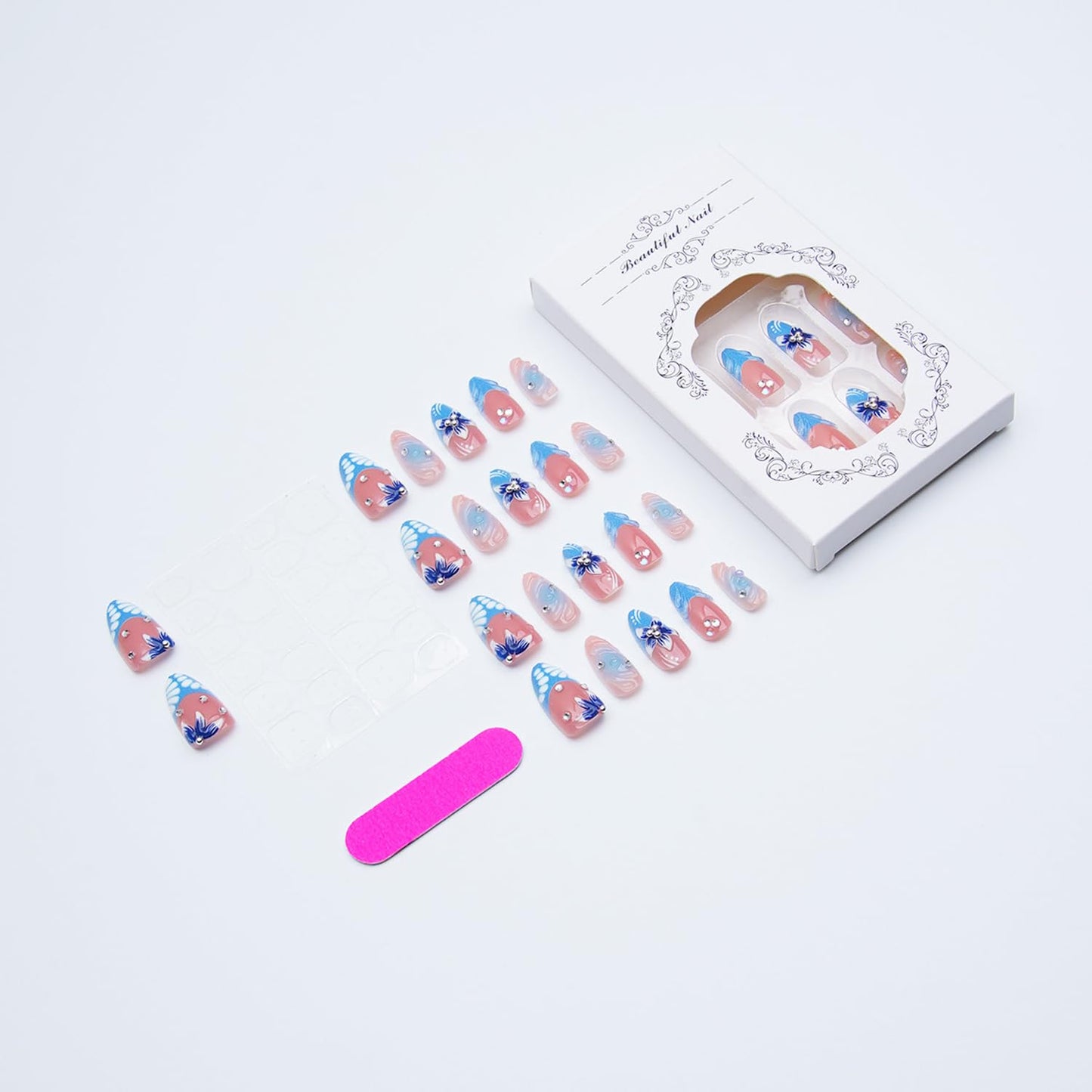 Nude Blue Ocean Press on Nails, Medium Almond Handmade 3D Flower Fake Nails with Rhinestone Designs,Glossy Reusable False Nails with Glue Tabs for Summer Vacation 30Pcs Nail Kit for Women