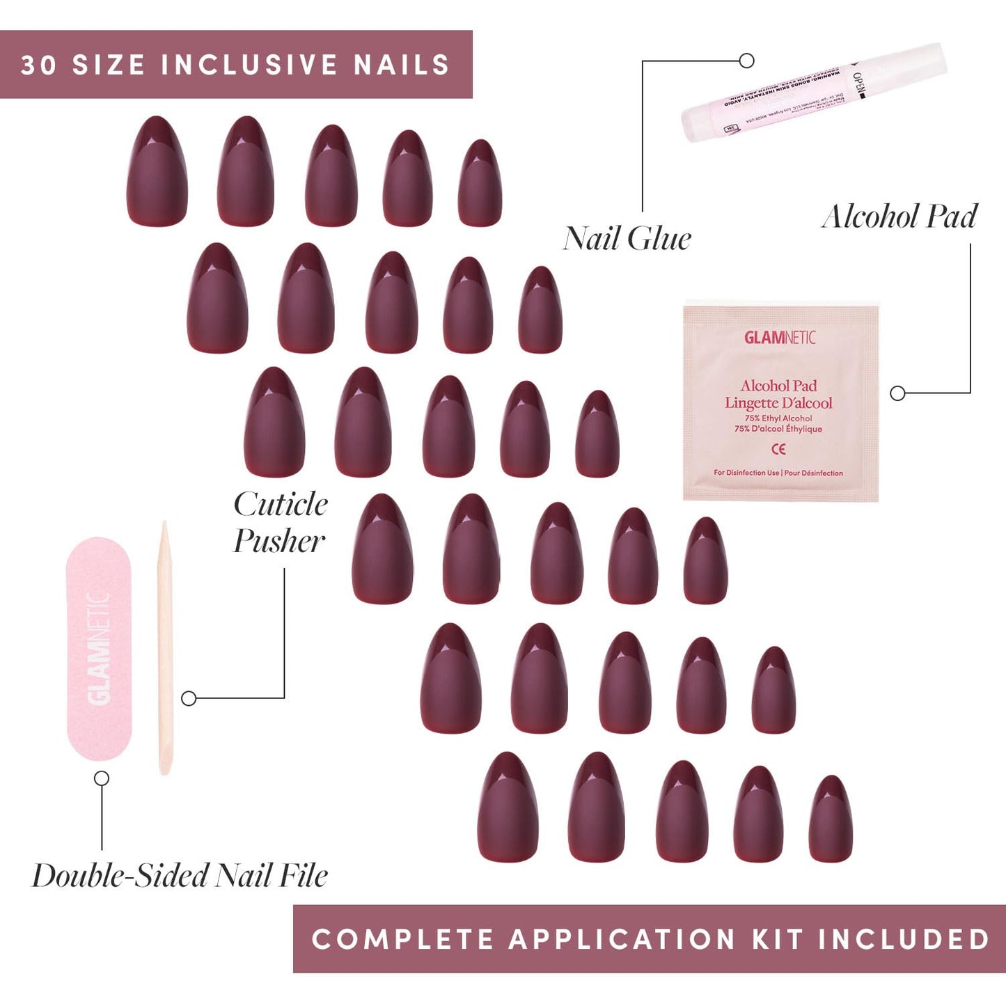 Glamnetic Press-On Nails Bundle - Merlot & Hailey | Matte Short Almond Dark Red Nails with Glossy French Tips | Glazed Short Almond False Nails | Reusable, Salon-Quality Nail Kits