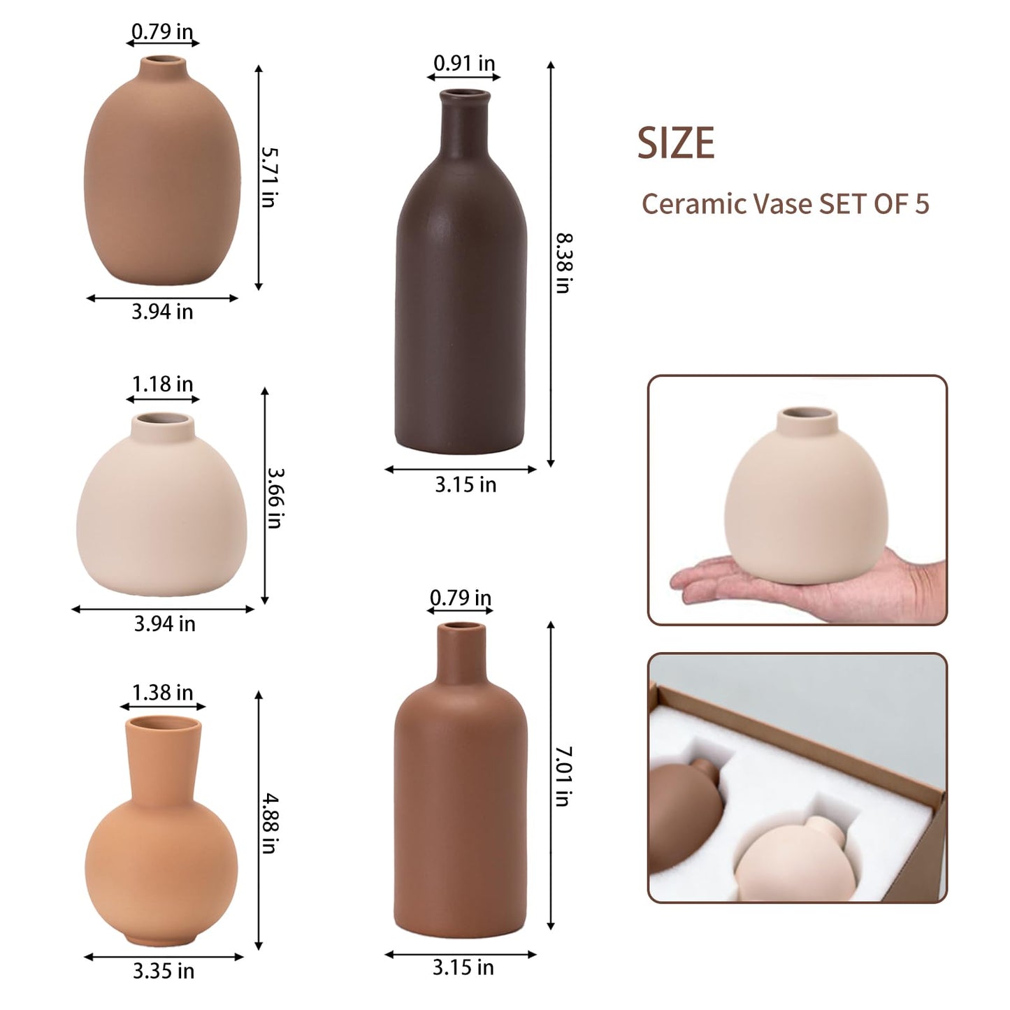 Neutral Ceramic Vase Set – 5 Matte Earth-Tone Vases for Japandi, Scandinavian, or Minimalist Home Decor, Table, Entryway, Shelf & Mantel Styling