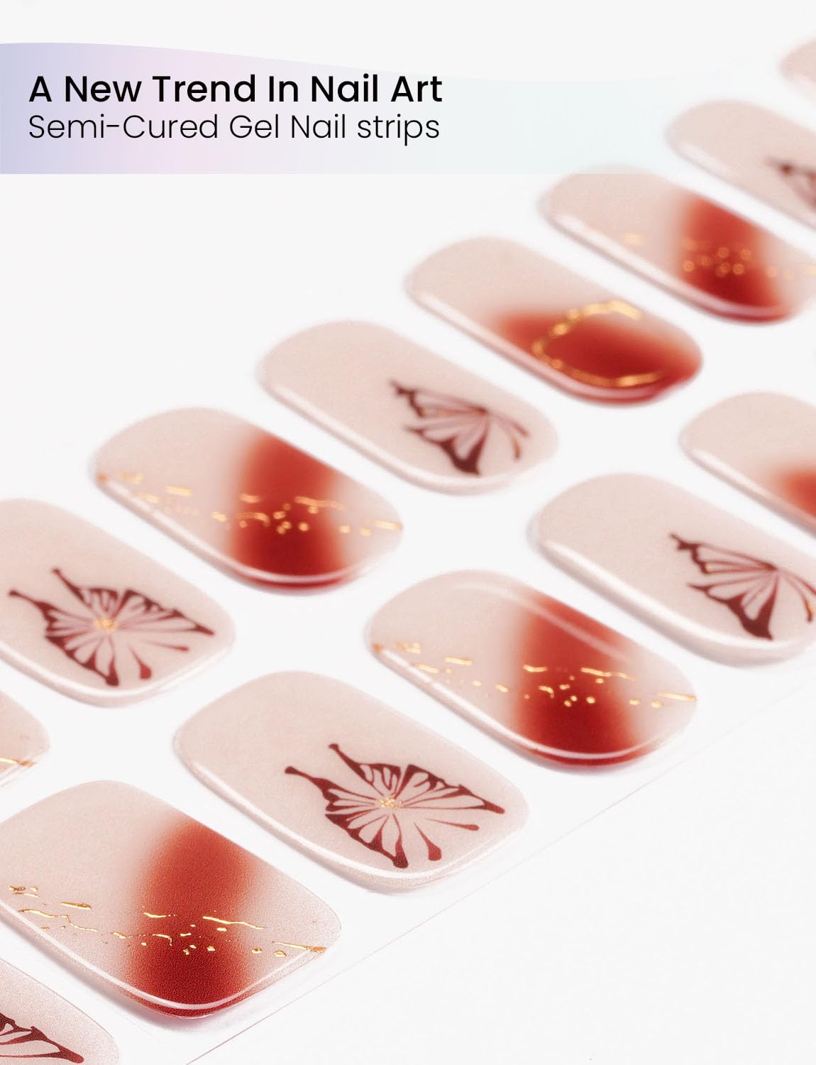 OAUEE Semi Cured Gel Nail Strips | Gel Nail Stickers with UV Light Required | Salon Quality, Easy Application and Removal（Butterfly Gilded Line）